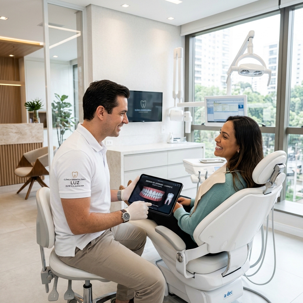 Consulta de planejamento do sorriso em clínica moderna com dentista especialista