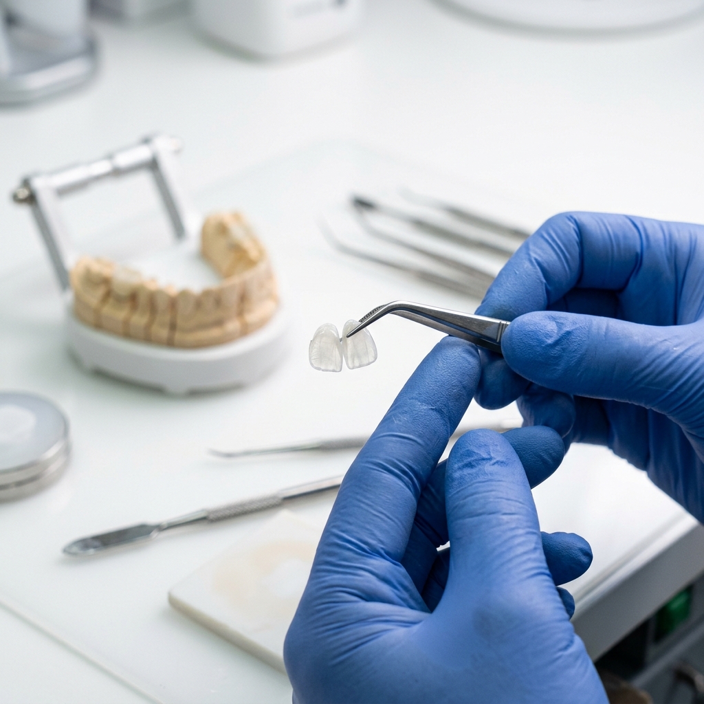 Lentes de porcelana ultra-finas em laboratório protético — processo de confecção artesanal de alta precisão