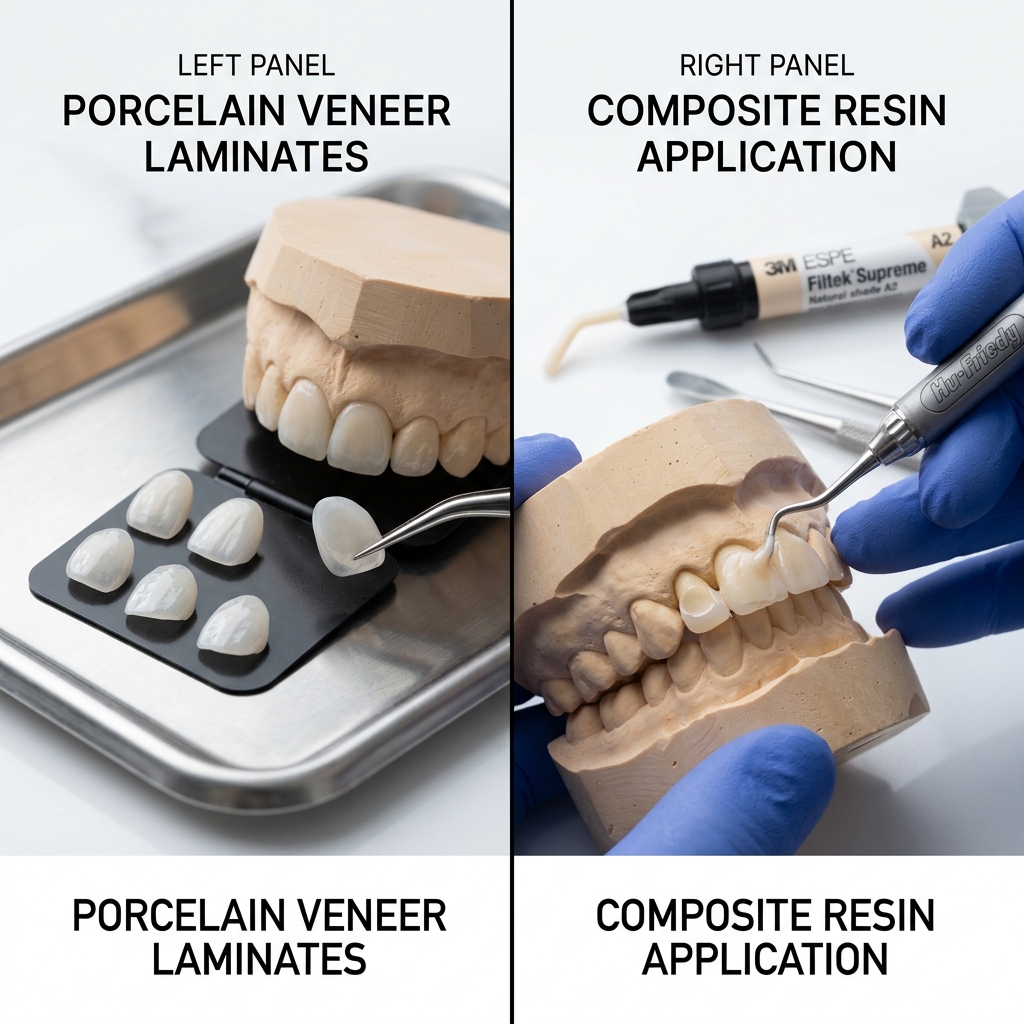 Comparação entre facetas de porcelana e resina composta — diferença de material e resultado