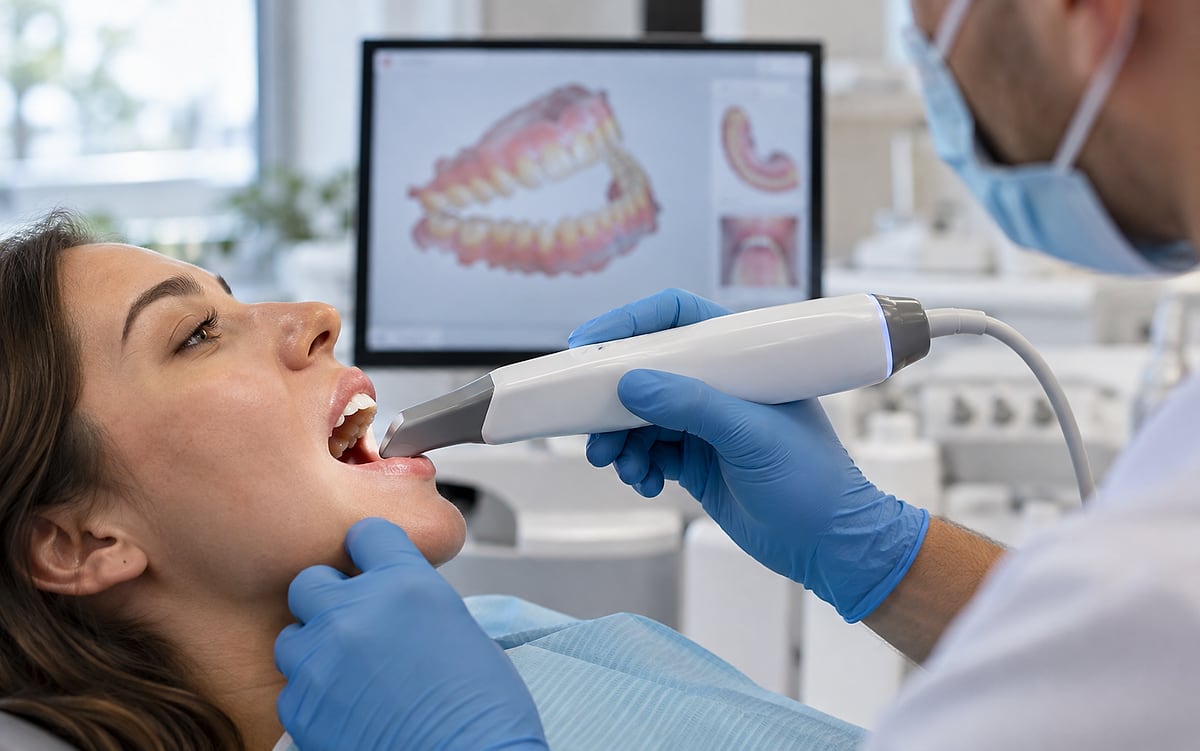 Dentista posiciona o scanner intraoral na boca da paciente enquanto o modelo 3D é montado na tela ao fundo